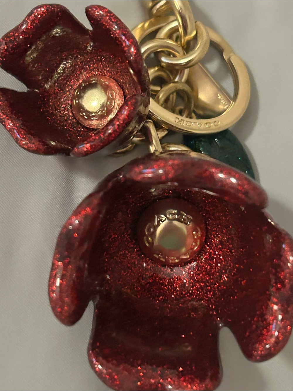 Coach Resin Red Glitter Tea Rose Green Leaf Handbag Charm Keychain - Picture 5 of 8